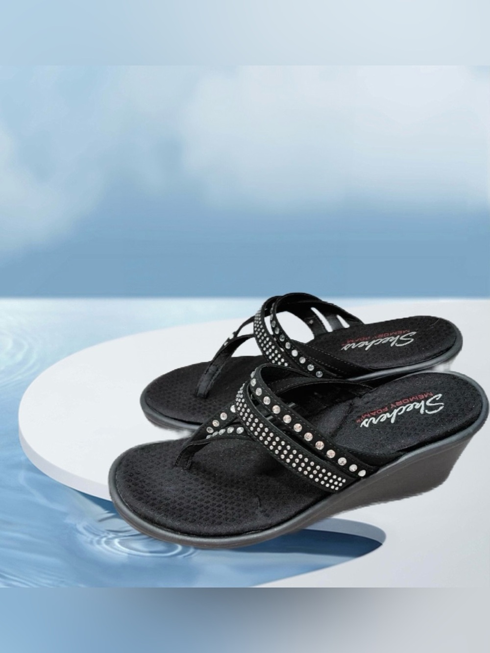 Skechers Cali. Black Rhinestone Wedge Thong Sandals with Studded Straps ⭐️NWT⭐️